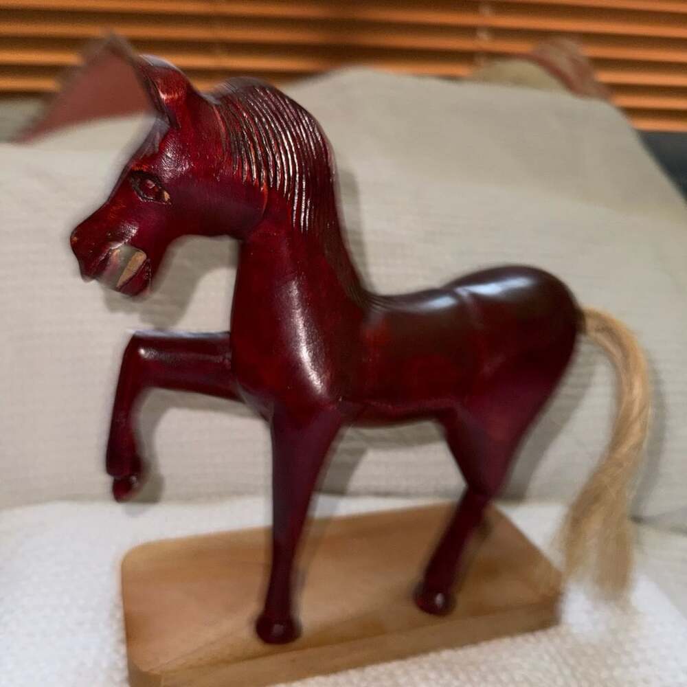 Vintage Hand-Carved Wooden Horse Figurine with Sisal Tail on Stand